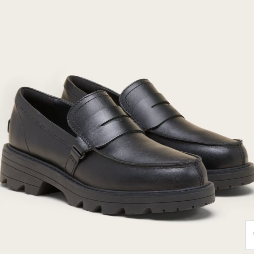 Sorel Black Leather Lug Sole Penny Loafers